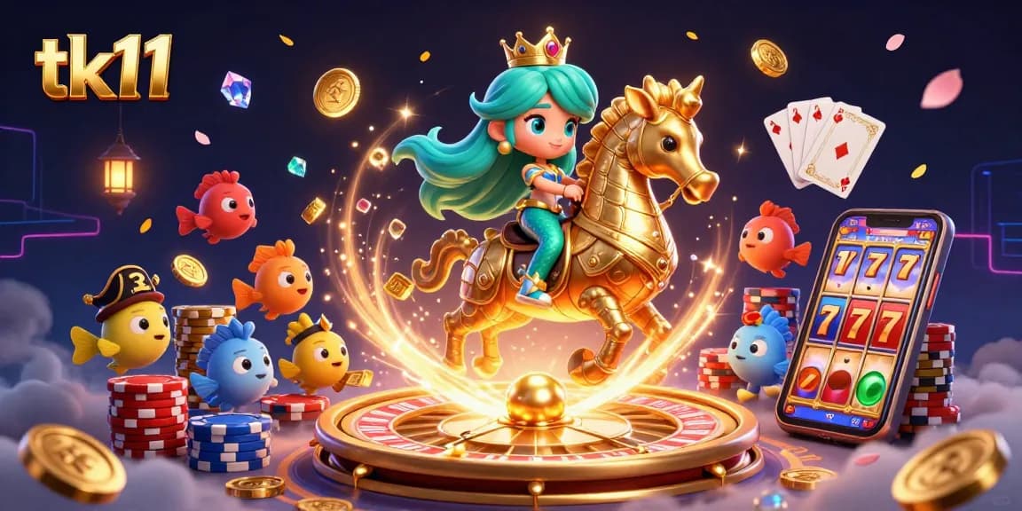 Spin and win at tk11, featuring vibrant characters, golden coins, and exciting casino games in 3D.