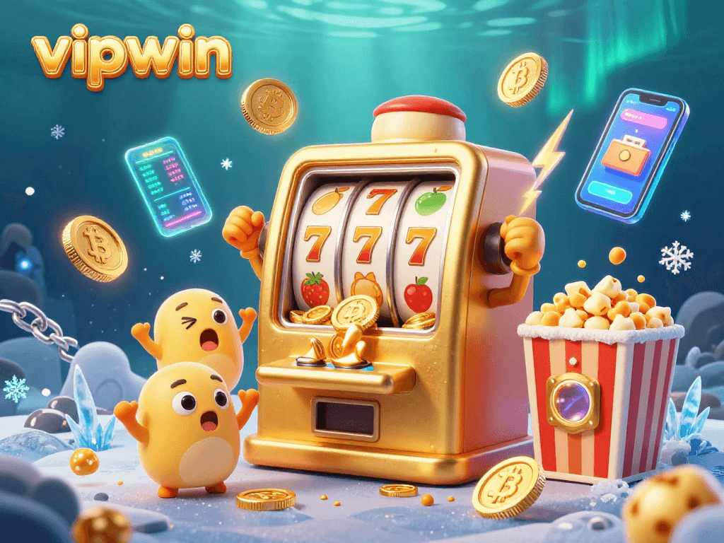 Watch the vipwin slot machine hit a jackpot, surrounded by cheering baby slots and cryptocurrency elements.