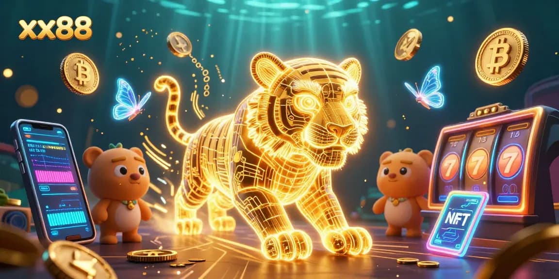 Bet on xx88 with a dynamic 3D casino scene featuring a golden tiger and digital currency elements.