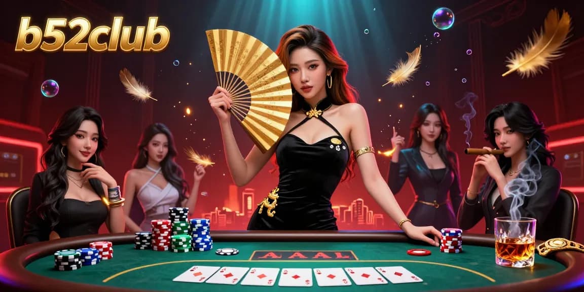 Engage with b52club's immersive 3D poker scene featuring a stunning Asian woman and vibrant gaming elements for a thrilling experience.