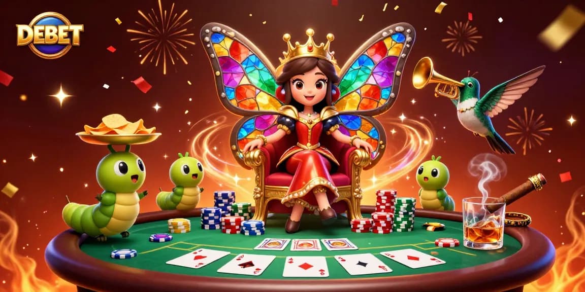 DEBET showcases an enchanting casino scene with a vibrant butterfly queen, poker chips, and dynamic action.