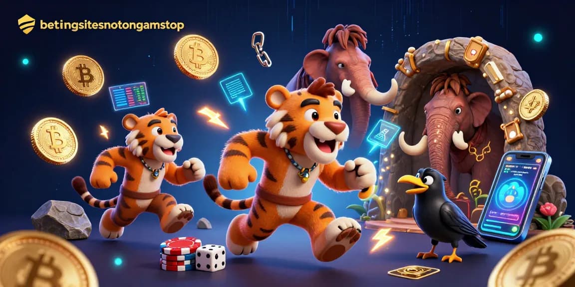 Engage with bettingsitesnotongamstop featuring cartoon characters in a crypto-themed casino scene.