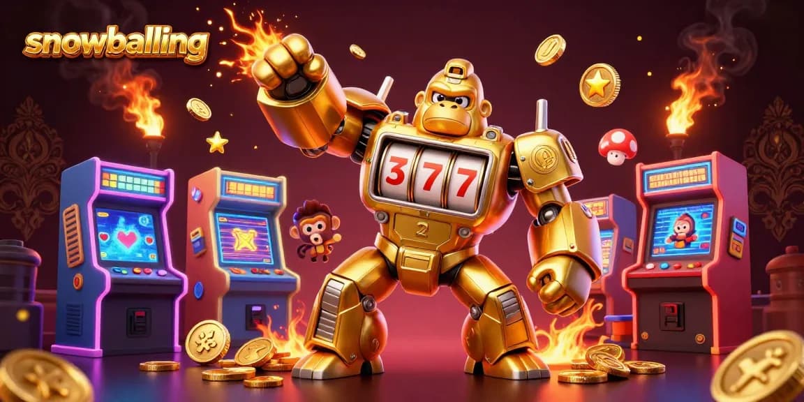 Engage in snowballing jackpots with a dynamic gaming scene featuring a golden gorilla mech and colorful arcade elements.
