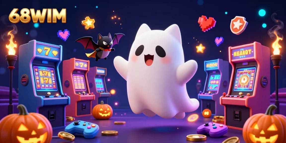 Engage with thrilling casino adventures featuring 68WIM and cartoon characters amidst glowing slot machines.