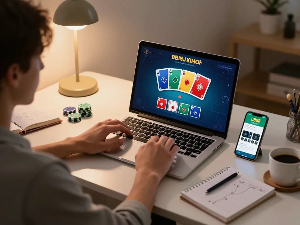 Engaging gaming moment on u888 platform using laptop for online poker, cozy home office atmosphere