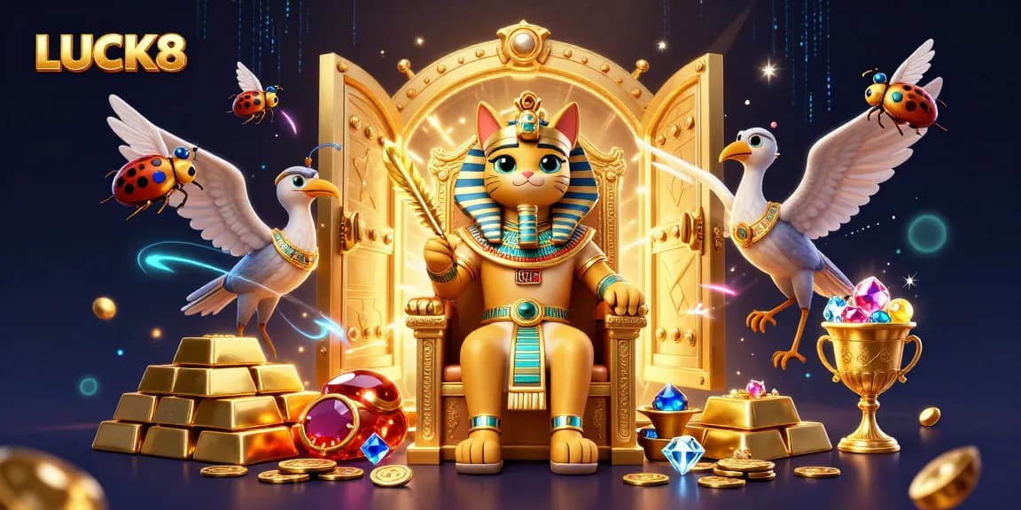 Spin the reels at LUCK8 casino, featuring a 3D Egyptian pharaoh cat and dazzling treasures.