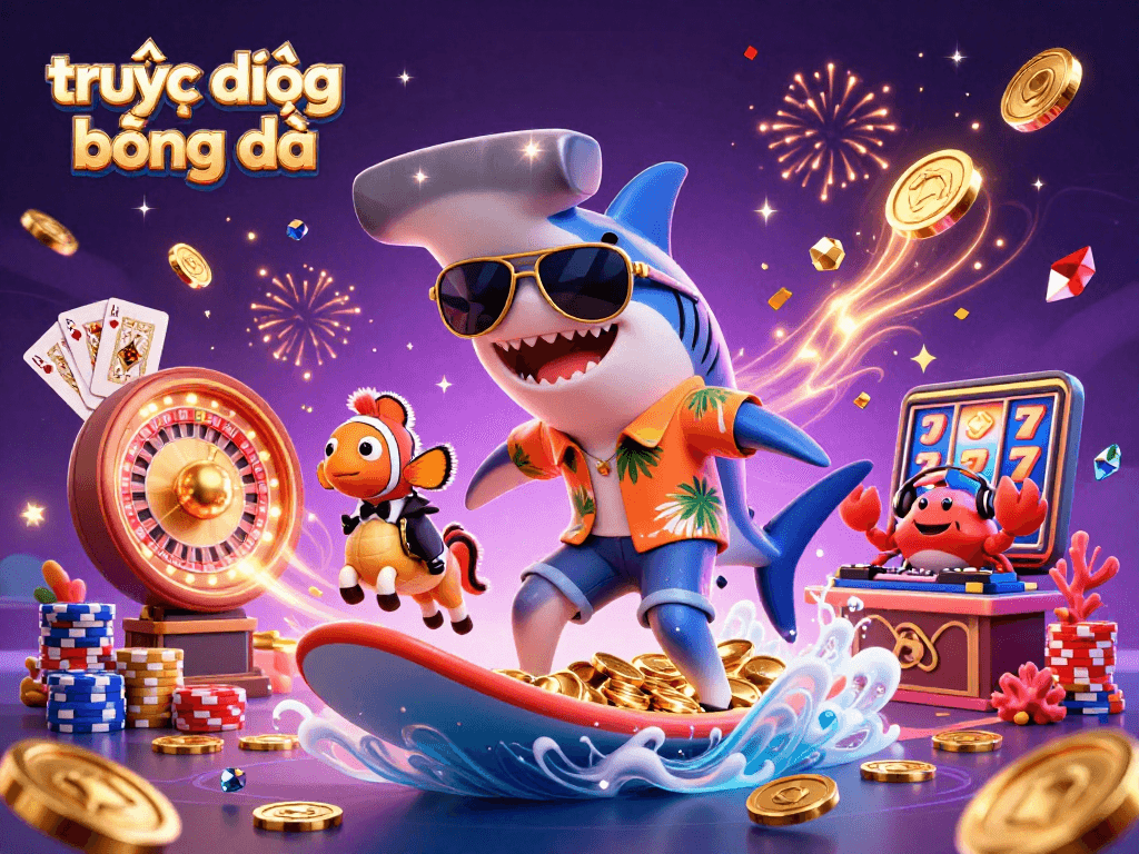 Experience trực tiếp bóng đá in style with lively characters celebrating, showcasing action-packed casino elements.