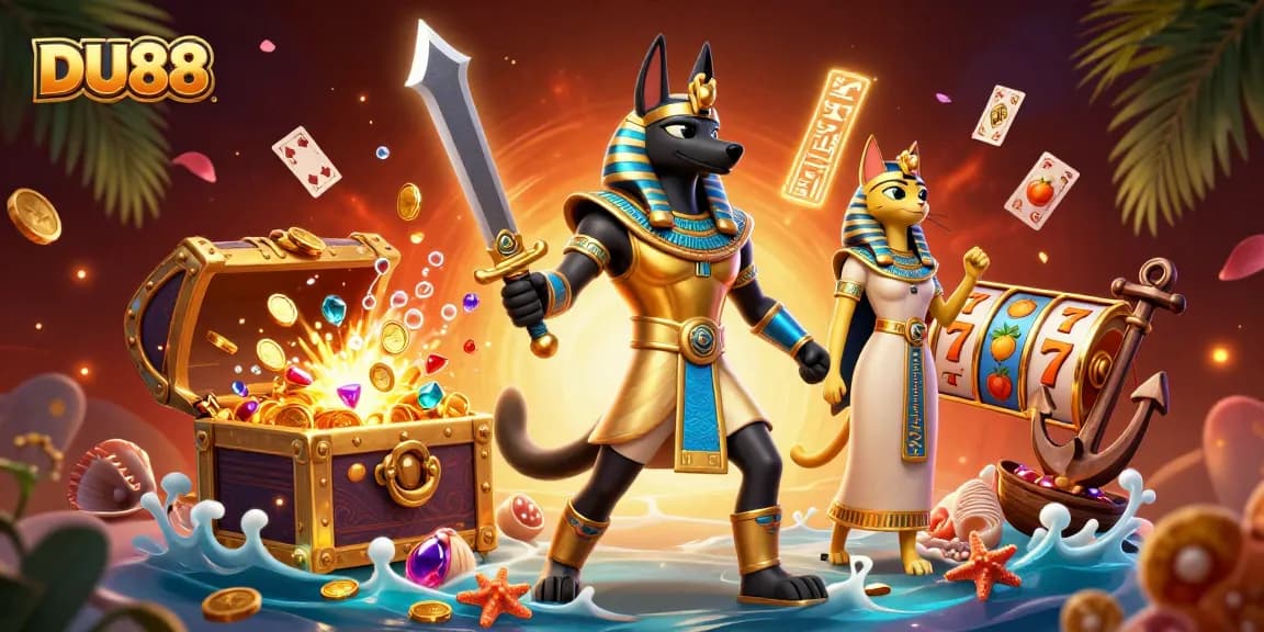 Experience DU88 excitement with Anubis and Bastet amidst magical winnings and vibrant casino vibes.