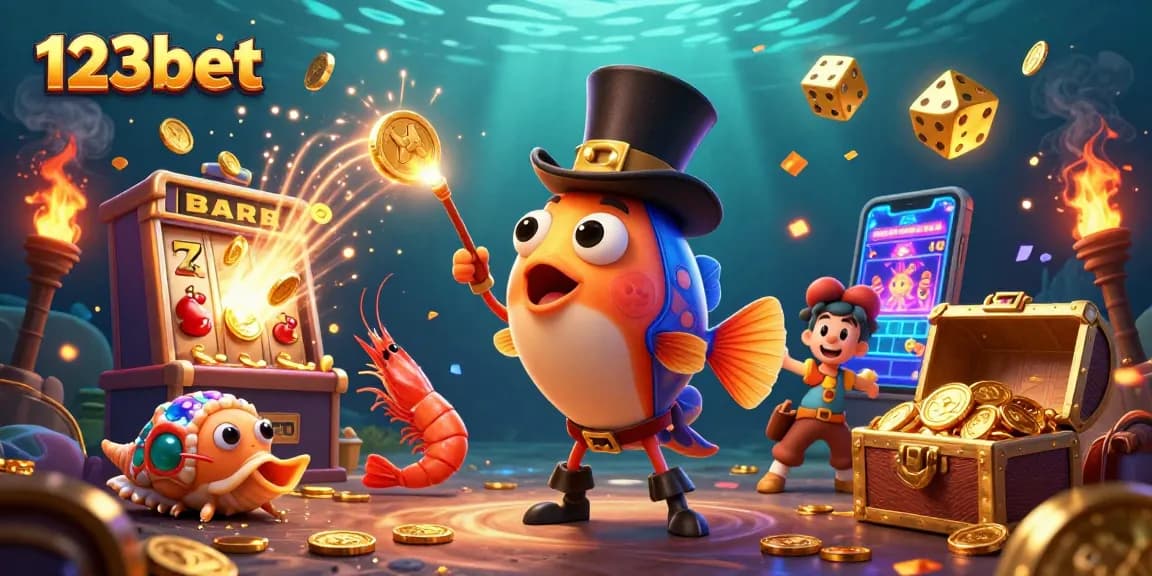 Engage with 123bet's thrilling gaming scene: a glowing anglerfish lures golden coins amidst dynamic slot elements.