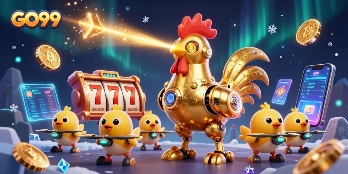 Join the excitement at GO99 with a dynamic golden rooster robot leading baby chick drones in a vibrant casino scene.