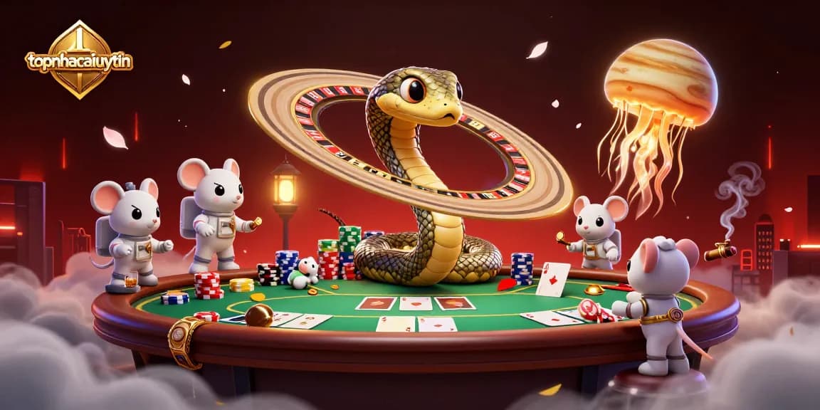 Bet on cosmic roulette with topnhacaiuytin's dazzling casino scene featuring whimsical characters and poker elements.