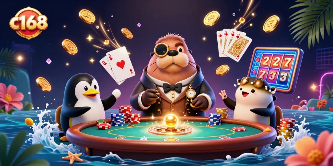 Join the fun at C168, where the jolly walrus plays poker underwater in a vibrant casino scene.