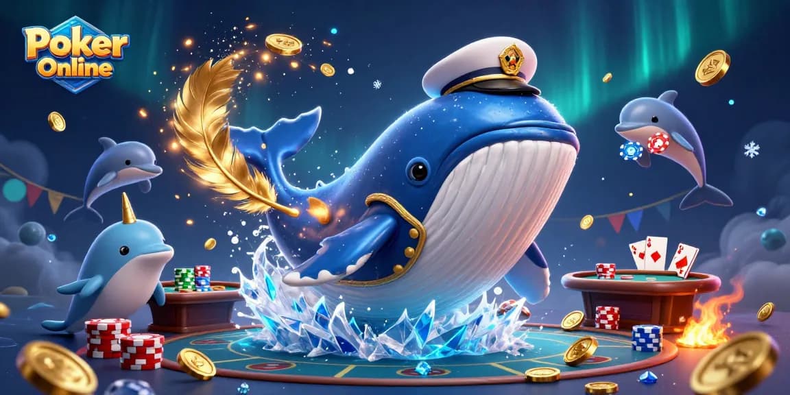 Engage with Poker Online in a vibrant 3D scene featuring playful dolphins, a whale, and poker elements.