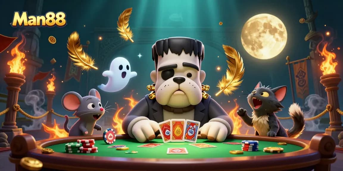 Experience thrilling card games at Man88 with a spooky three-character casino scene.