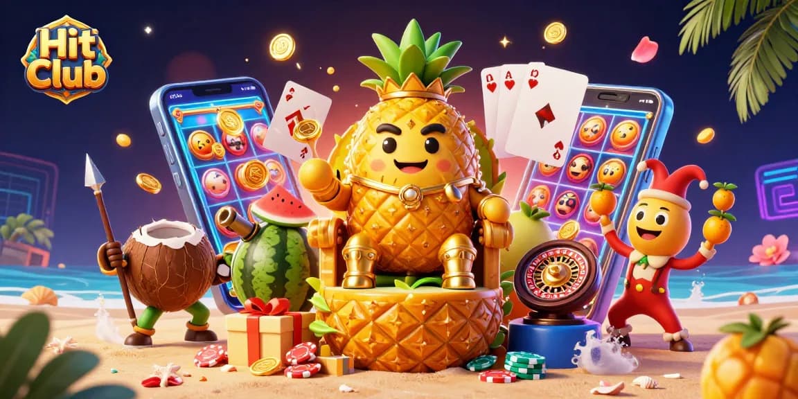 Experience thrilling gameplay at Hit Club with golden characters, vibrant slot games, and dynamic casino elements.
