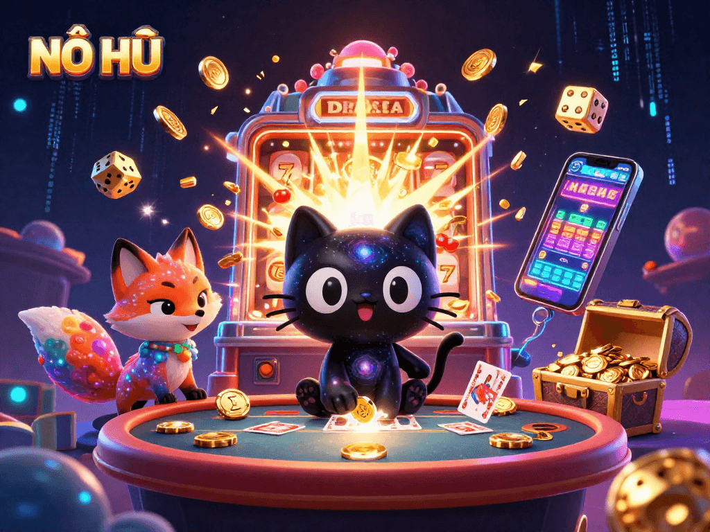 Experience the excitement of NỔ HŨ with our dynamic casino scene featuring a cosmic kitty.
