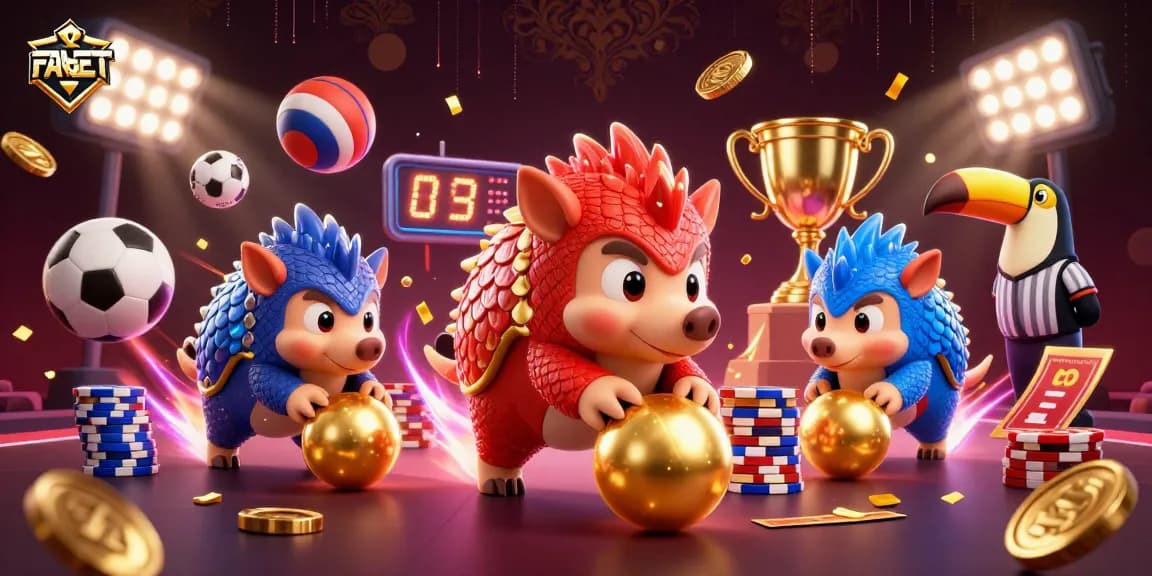 FABET offers thrilling sports betting action as pangolins compete with golden chips and coins.