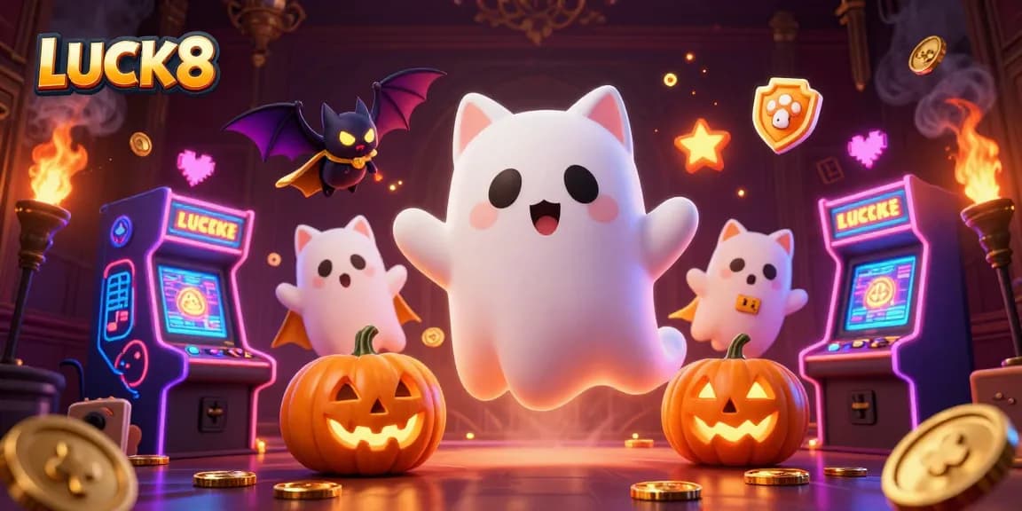 Experience thrilling gaming with LUCK8's vibrant 3D ghost cat and vampire bat in a colorful casino.