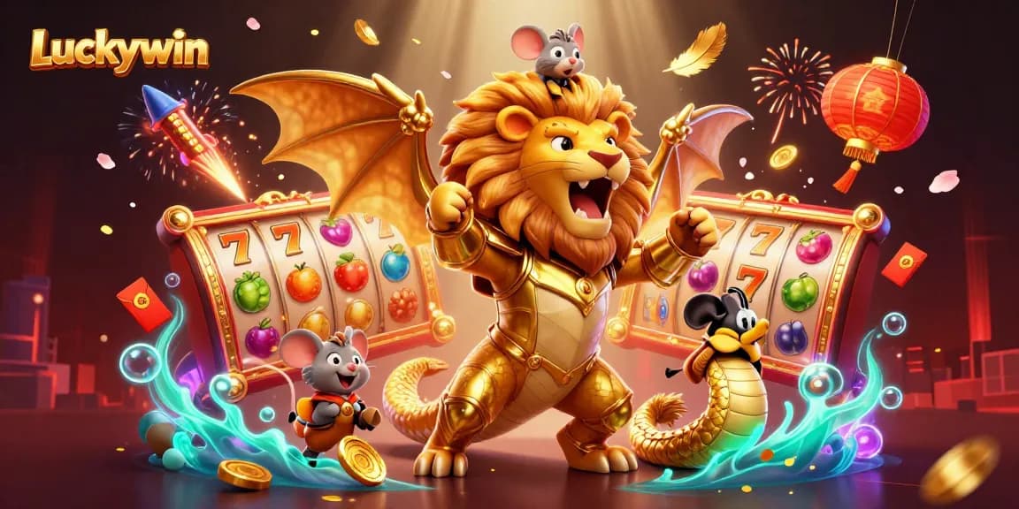 Experience the thrill of winning at Luckywin with dynamic slot reels, vibrant symbols, and a majestic chimera.