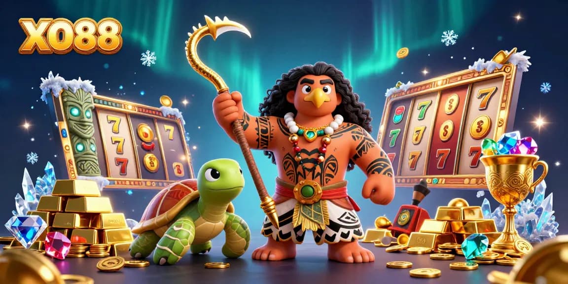 Experience the excitement of XO88 with vibrant slot reels and golden treasures in this dynamic illustration.