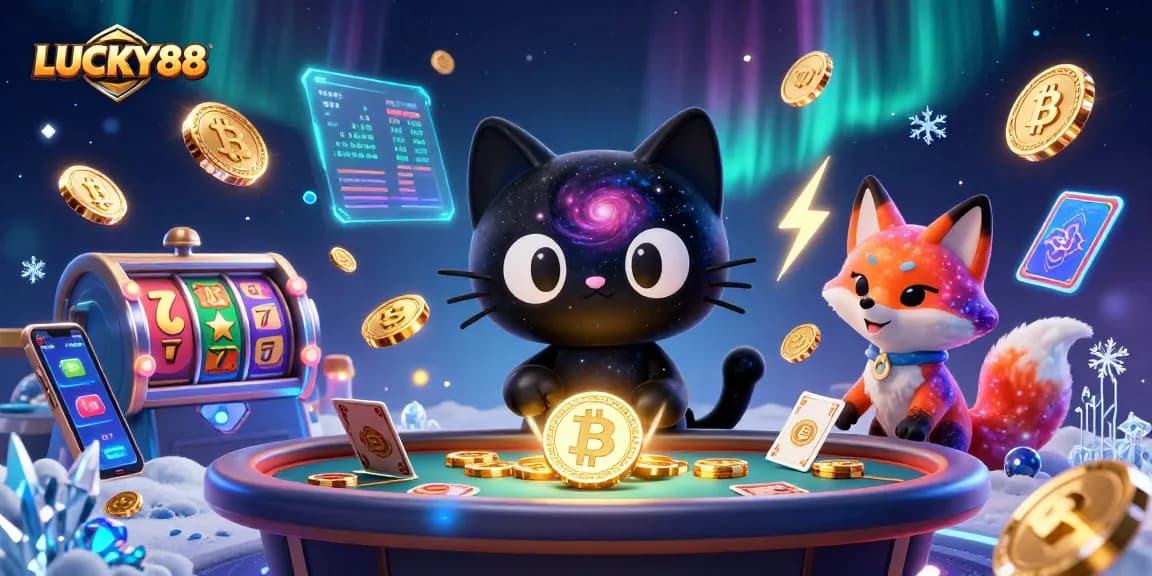 Experience the thrill of LUCKY88 with our energetic cosmic casino scene featuring a black hole cat and vibrant elements.