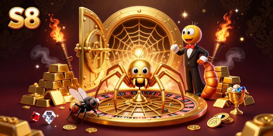 S8 spins a vibrant roulette wheel web with gold treasures and a nervous fly betting.