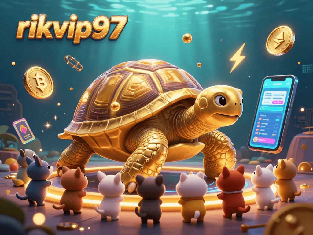 Play with rikvip97 in this vibrant digital illustration showcasing a unique casino experience with a colossal tortoise.