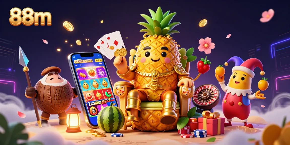 Engage in immersive gaming with 88m's vibrant casino scene featuring a festive pineapple king.