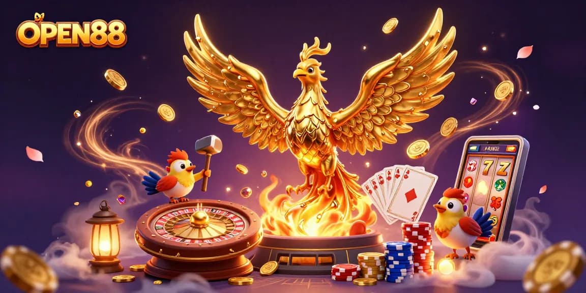 Experience top-tier gaming with OPEN88, featuring vibrant 3D illustration of casino elements.