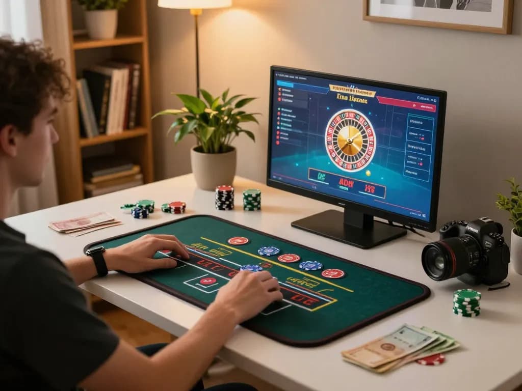 Player enjoying online roulette on tablet, cm888 gaming setup surrounded by cash and chips