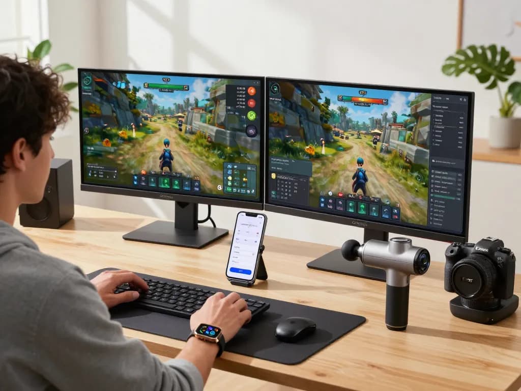 Explore trending tech gadgets in a vibrant home workspace with gaming setup, smart devices, and a wellness focus.