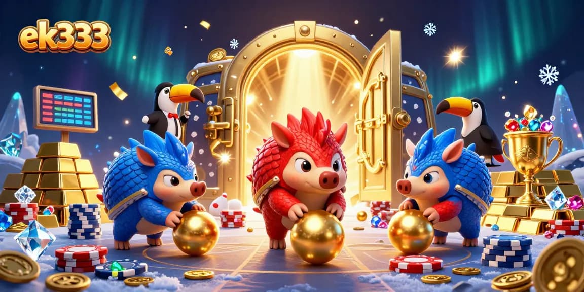 Experience thrilling gaming action with ek333 as rival pangolins compete amidst a sparkling casino landscape.