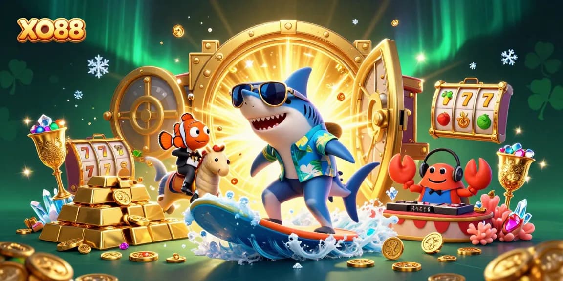 Surf the waves of fortune with XO88's vibrant casino illustration filled with treasures.
