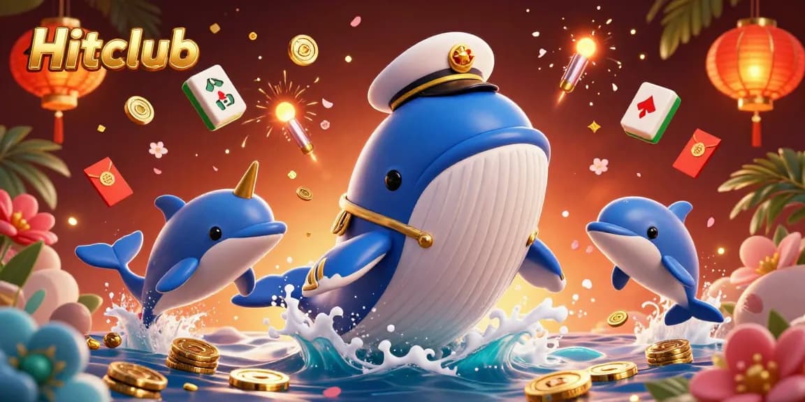 Experience the thrill at Hitclub with a dynamic 3D illustration of playful dolphins and treasures.