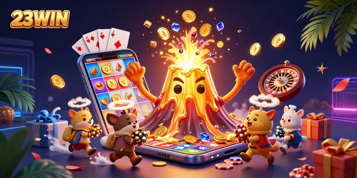 Experience the thrill of 23WIN casino with vibrant treasures erupting from a golden volcano.