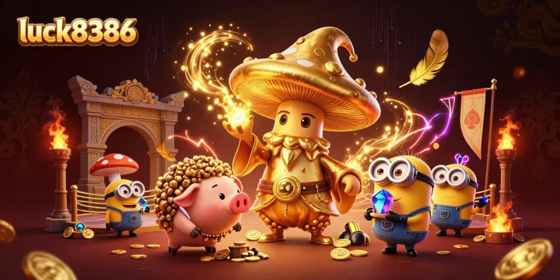 Engage with luck8386's magical gaming world featuring a golden mushroom wizard and treasures.