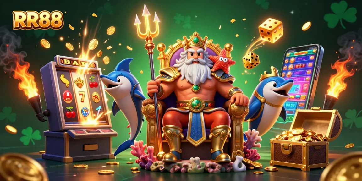 Experience the excitement of RR88 with a vibrant 3D illustration featuring jackpots and casino games.