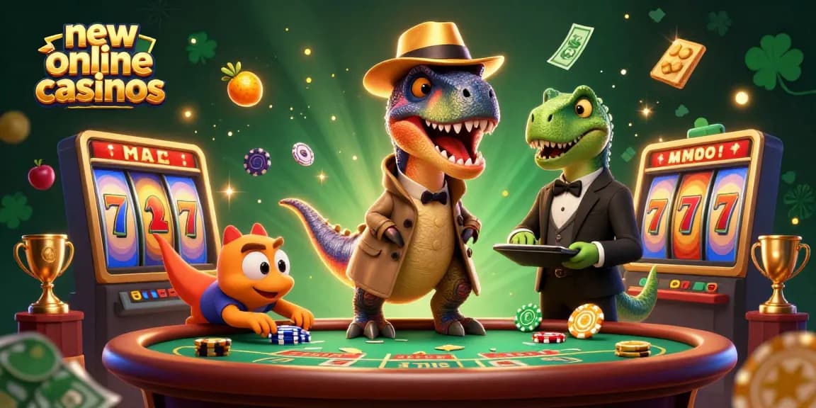 Experience thrilling new online casinos with a velociraptor at a blackjack table, surrounded by slot elements.