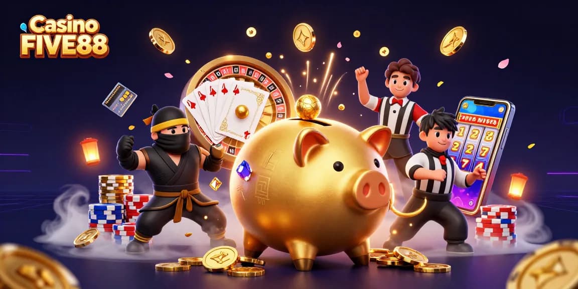 Experience Casino FIVE88 excitement with a dynamic 3D illustration of vibrant gaming elements.