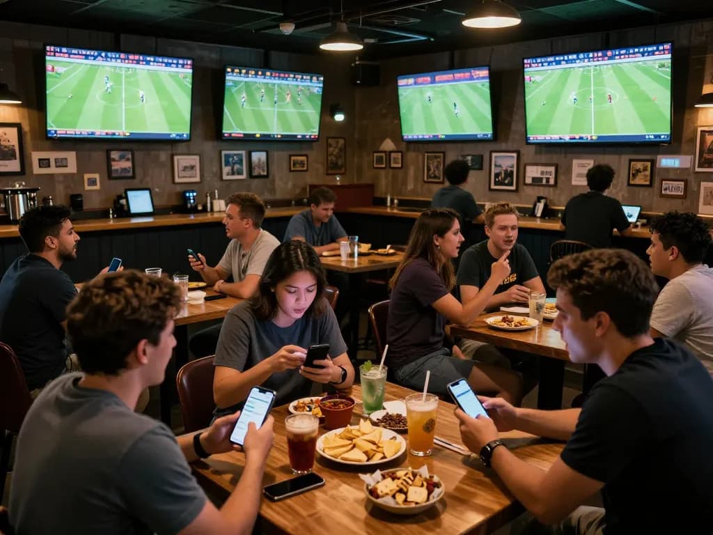 Excited fans engaging in trực tiếp đá bóng while using mobile betting apps in a lively sports bar