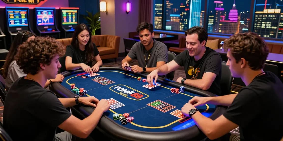 Friends enjoying the rokok88 super platform in a lively gaming lounge, showcasing vibrant atmosphere and modern technology.