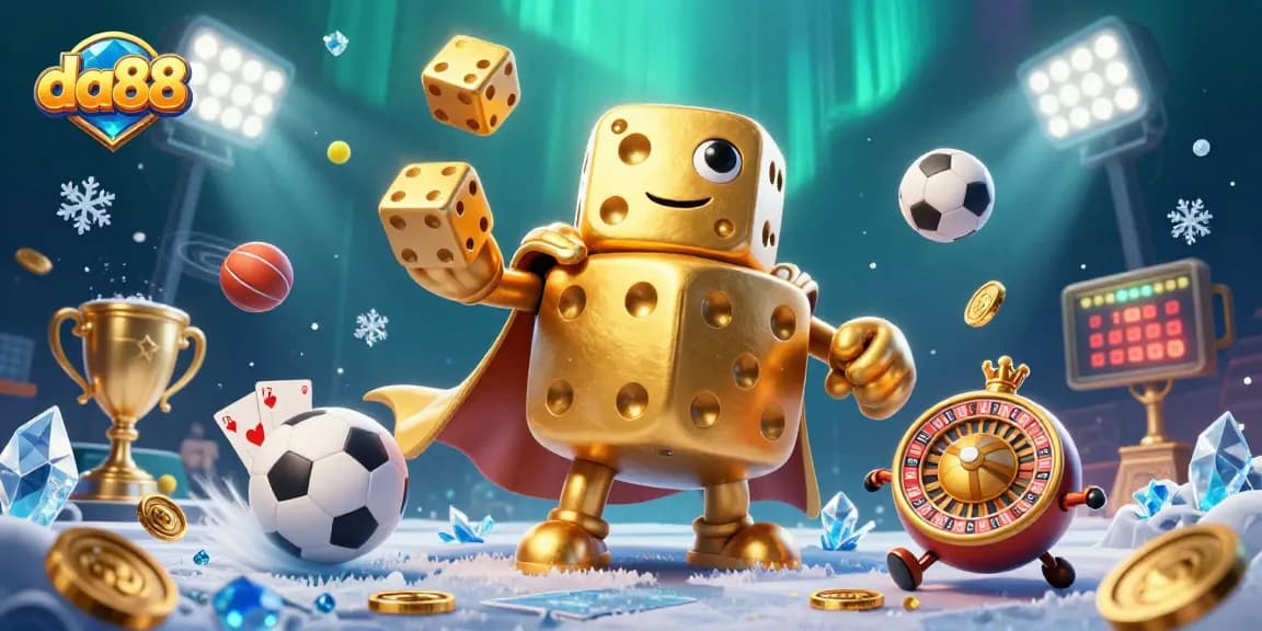 Bet big with da88 as a golden dice golem juggles winning opportunities in a lively casino scene.