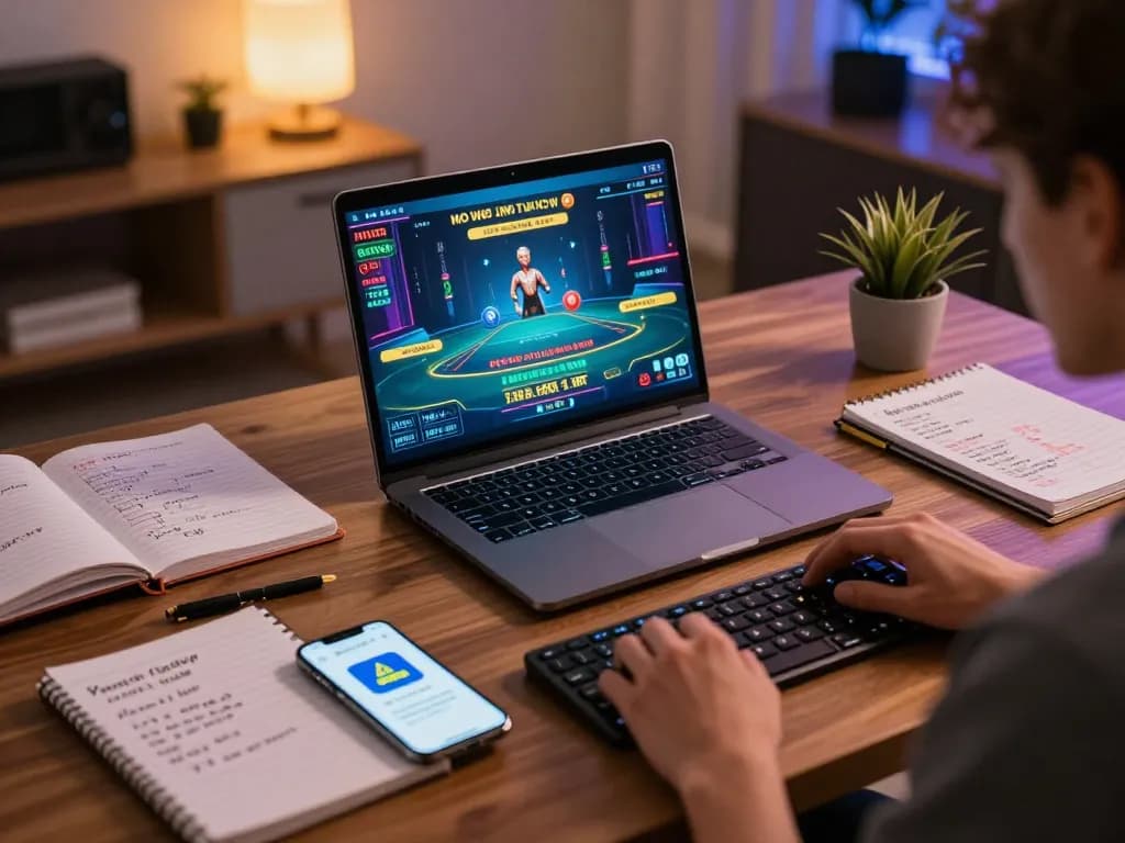 Player engaging in live casino games on nk88 platform at home, showcasing strategic gambling atmosphere