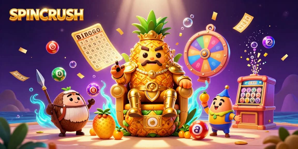 Engage with SPINCRUSH in a vibrant, animated beach casino scene featuring a golden pineapple king and dynamic game elements.