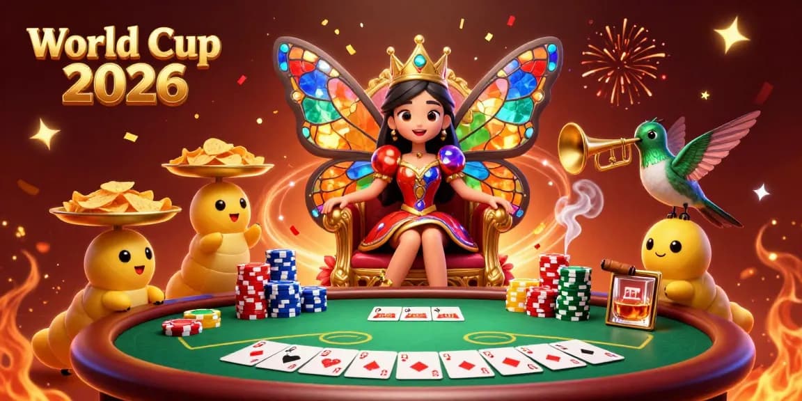 Engage in the excitement of the World Cup 2026 with vibrant casino characters playing poker in a dynamic scene.