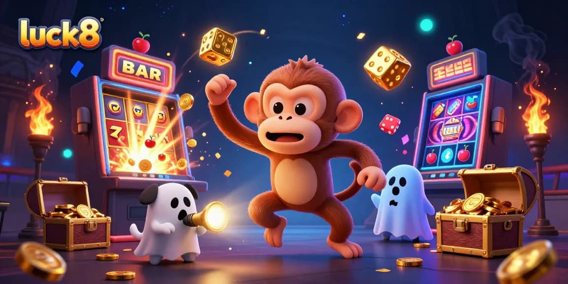 Watch luck8's poltergeist monkey juggling coins and cards in a dynamic haunted casino scene.