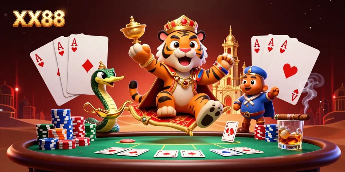 Engage with the thrilling world of XX88, featuring a vibrant casino scene with dynamic poker and game elements.