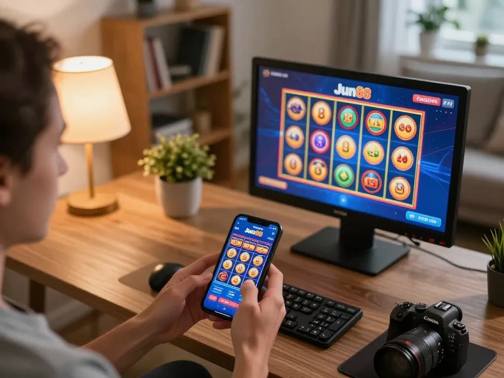 Player engaging in exciting slot gaming on Jun88 app in a cozy home setting.