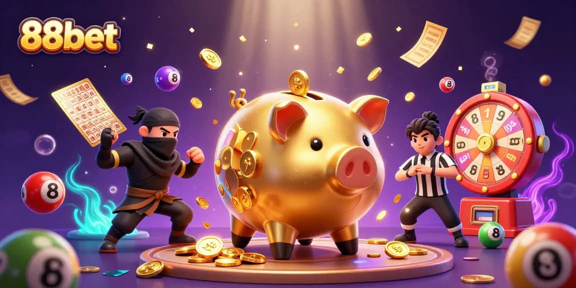 88bet portrays energetic gameplay with a giant piggy bank sumo and dynamic lottery elements.
