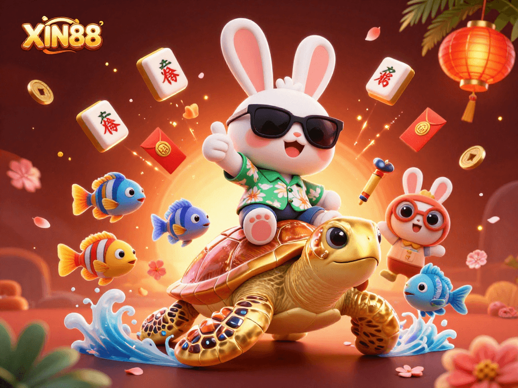 Win big at XIN88 with a lucky rabbit and sea turtle in a vibrant casino-themed illustration.